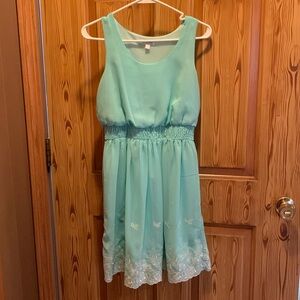 Short sleeve knee length dress, Charming Charlie, light blue, lace detailing, S